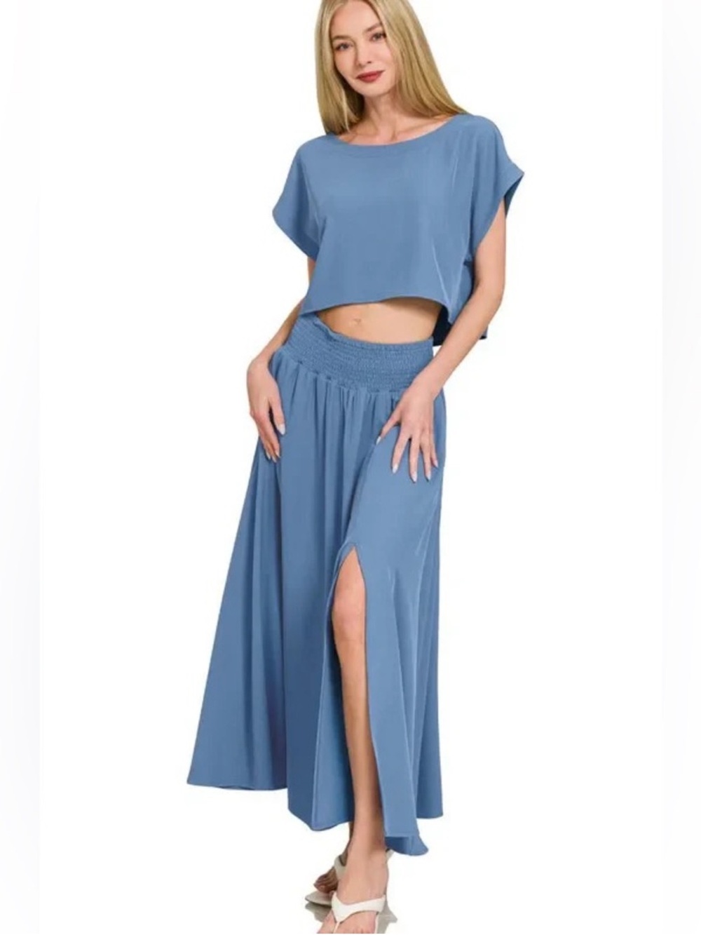 Women’s Blue Maxi Skirt with Smocked Waist - Picture 3 of 3